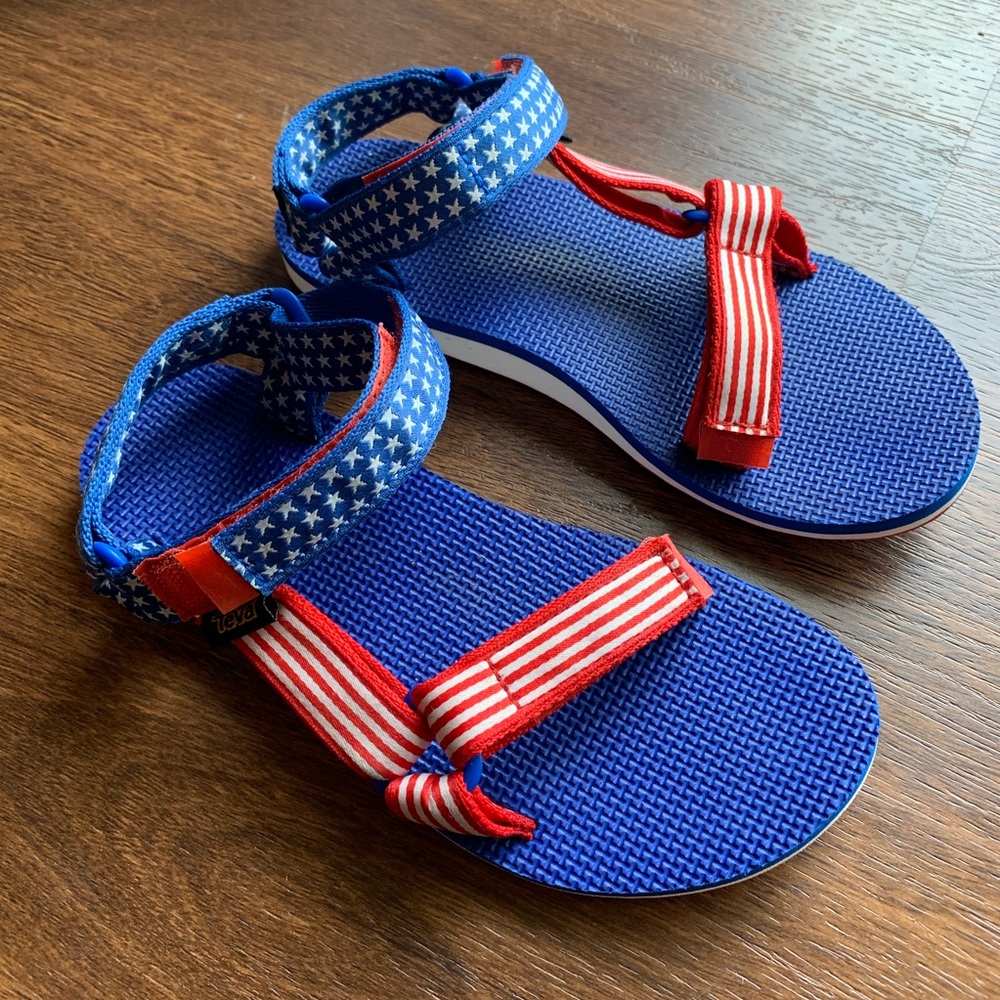 Teva Woman’s Blue Sandals with Red & White Striped Accents